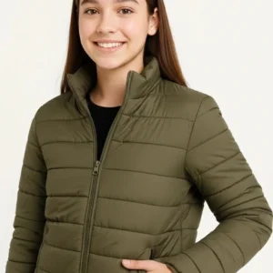 Kız Çocuk Şişme Mont Hafif ve Sıcak Tutucu Kışlık Fermuarlı Su İtici Rahat Günlük Mont Kapüşonuz Modern Tasarım - Haki