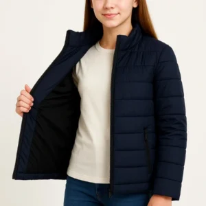 Kız Çocuk Şişme Mont Hafif ve Sıcak Tutucu Kışlık Fermuarlı Su İtici Rahat Günlük Mont Kapüşonuz Modern Tasarım - Lacivert