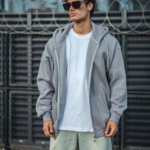 Alternative view of Oversize Tam Fermuarlı Uzun Kol Hırka - Gri