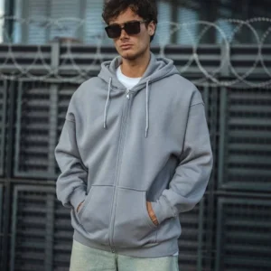 Oversize Tam Fermuarlı Uzun Kol Hırka - Gri