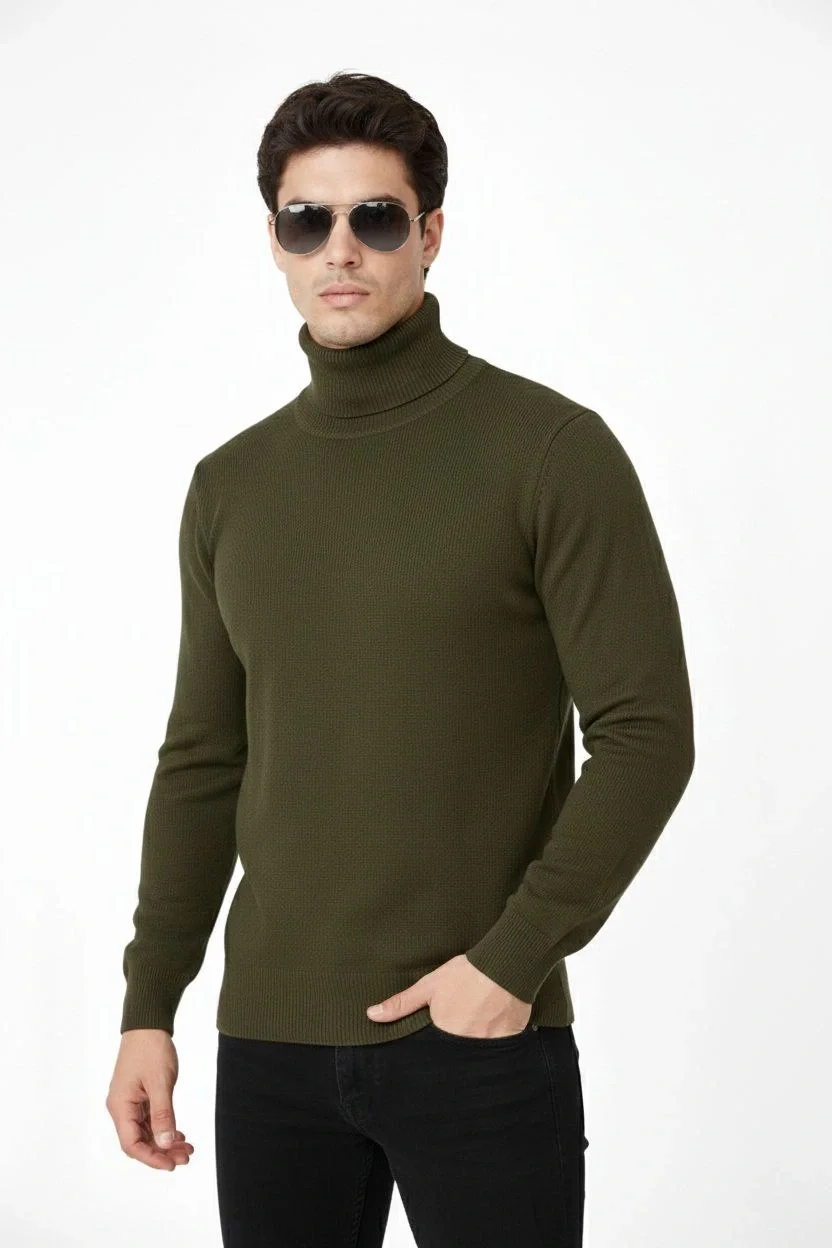 Tam Boğazlı Balıkcı Yaka Triko Kazak yumuşak dokulu Pamuklu ince Dokuma uzun kollu - Haki - Görsel 3