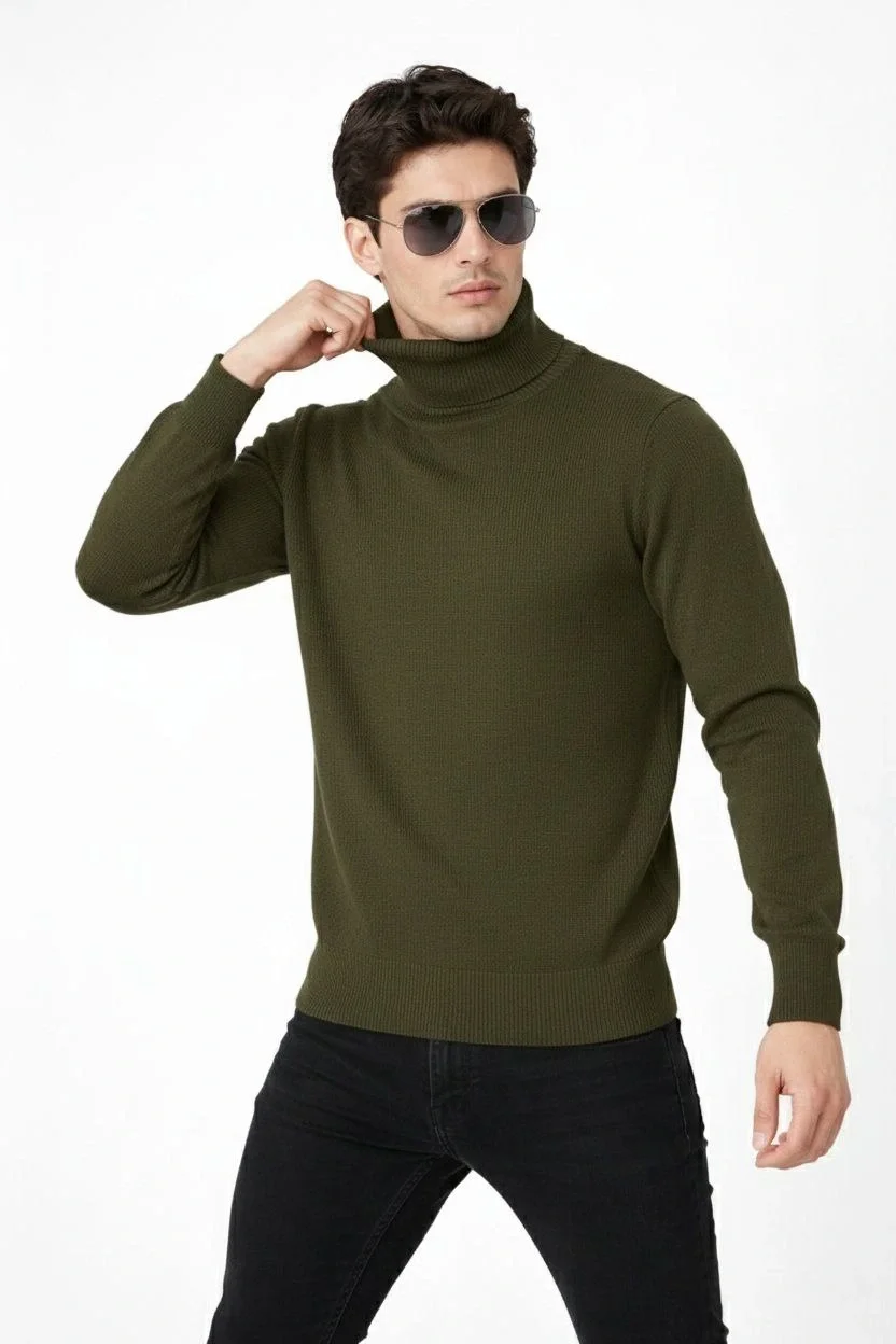 Tam Boğazlı Balıkcı Yaka Triko Kazak yumuşak dokulu Pamuklu ince Dokuma uzun kollu - Haki - Görsel 2