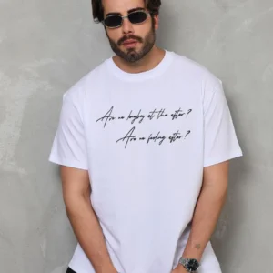 Alternative view of Unisex Bisiklet Yaka Baskılı Oversize T-Shirt - Beyaz