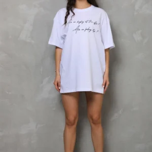 Unisex Bisiklet Yaka Baskılı Oversize T-Shirt - Beyaz