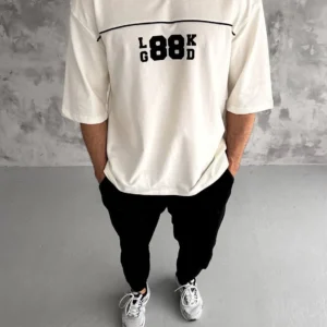 Alternative view of Unisex Bisiklet Yaka Baskılı Oversize T-Shirt - Beyaz