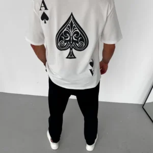 Alternative view of Unisex Bisiklet Yaka Baskılı Oversize T-Shirt - Beyaz