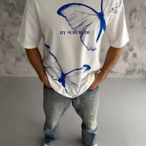 Alternative view of Unisex Bisiklet Yaka Baskılı Oversize T-Shirt - Beyaz