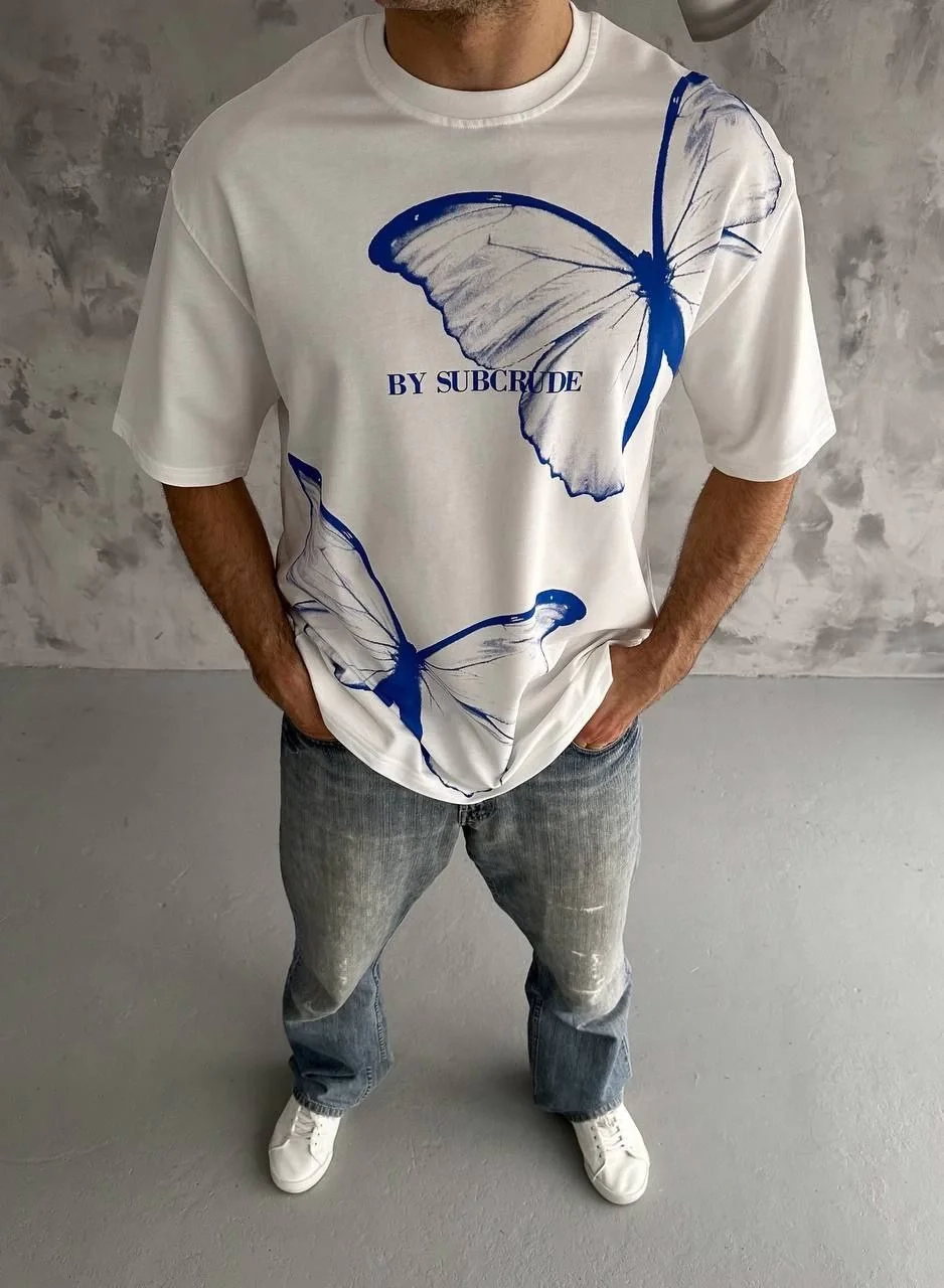 Unisex Bisiklet Yaka Baskılı Oversize T-Shirt - Beyaz - Görsel 2