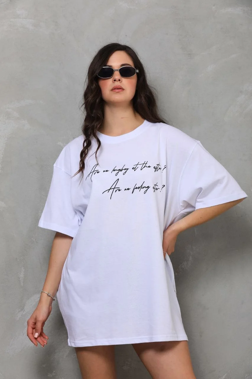 Unisex Bisiklet Yaka Baskılı Oversize T-Shirt - Beyaz - Görsel 5