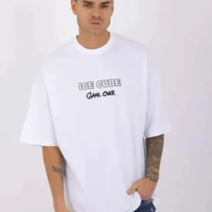 Unisex Bisiklet Yaka Baskılı Oversize T-Shirt - Beyaz