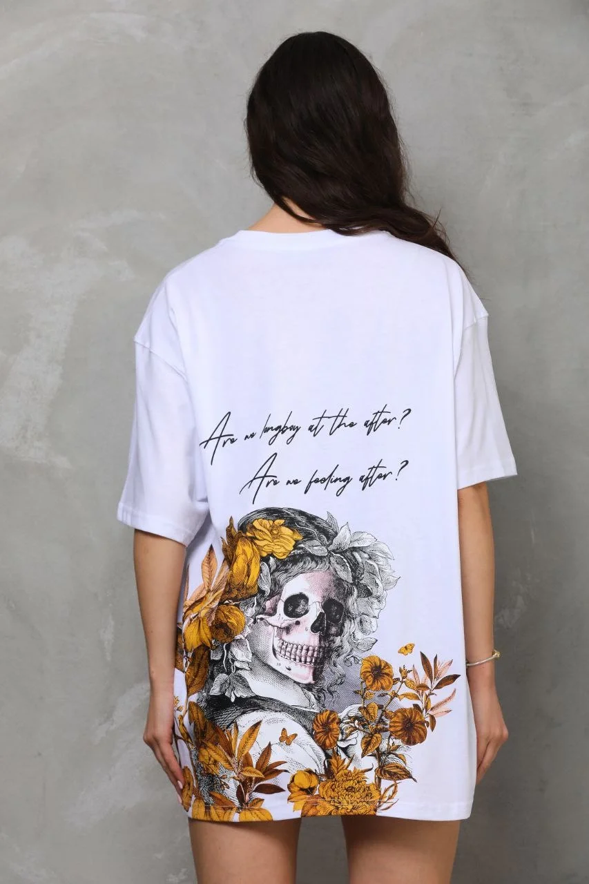 Unisex Bisiklet Yaka Baskılı Oversize T-Shirt - Beyaz - Görsel 7