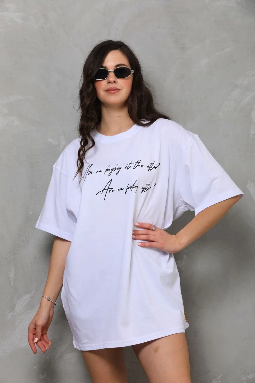 Unisex Bisiklet Yaka Baskılı Oversize T-Shirt - Beyaz - Görsel 6