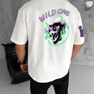 Alternative view of Unisex Bisiklet Yaka Baskılı Oversize T-Shirt - Beyaz