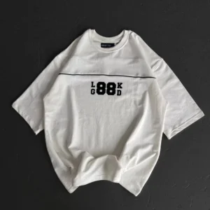 Unisex Bisiklet Yaka Baskılı Oversize T-Shirt - Beyaz