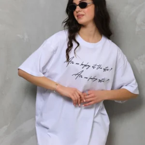 Alternative view of Unisex Bisiklet Yaka Baskılı Oversize T-Shirt - Beyaz