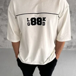 Unisex Bisiklet Yaka Baskılı Oversize T-Shirt - Beyaz