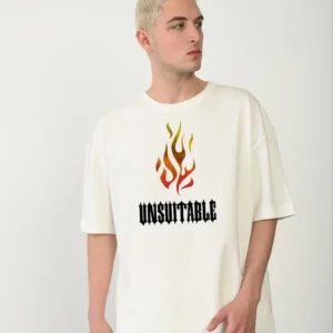 Unisex Bisiklet Yaka Baskılı Oversize T-Shirt - Beyaz