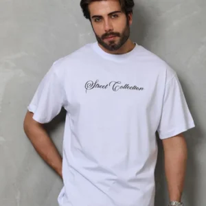 Unisex Bisiklet Yaka Baskılı Oversize T-Shirt - Beyaz