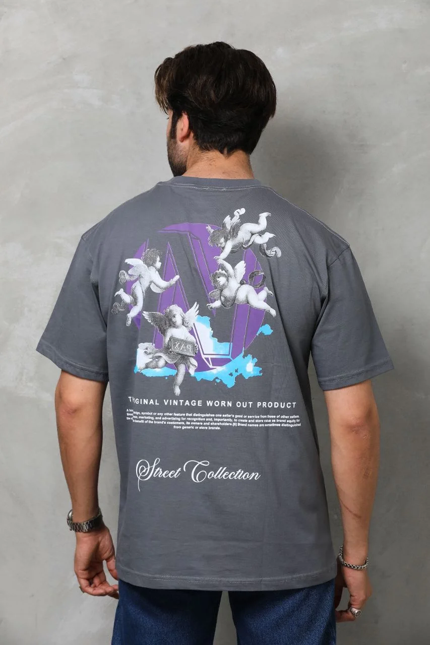 Unisex Bisiklet Yaka Baskılı Oversize T-Shirt - Füme - Görsel 2