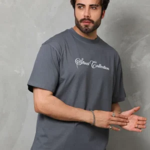 Unisex Bisiklet Yaka Baskılı Oversize T-Shirt - Füme