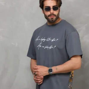 Alternative view of Unisex Bisiklet Yaka Baskılı Oversize T-Shirt - Füme