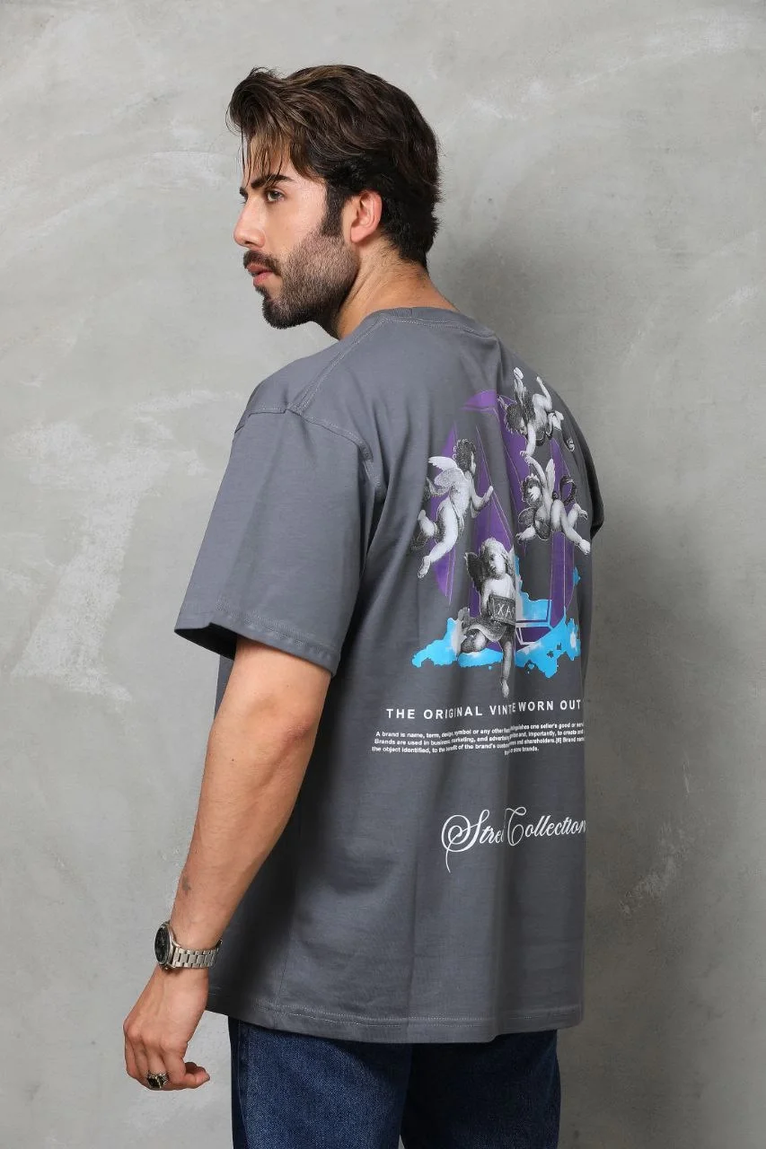 Unisex Bisiklet Yaka Baskılı Oversize T-Shirt - Füme - Görsel 3