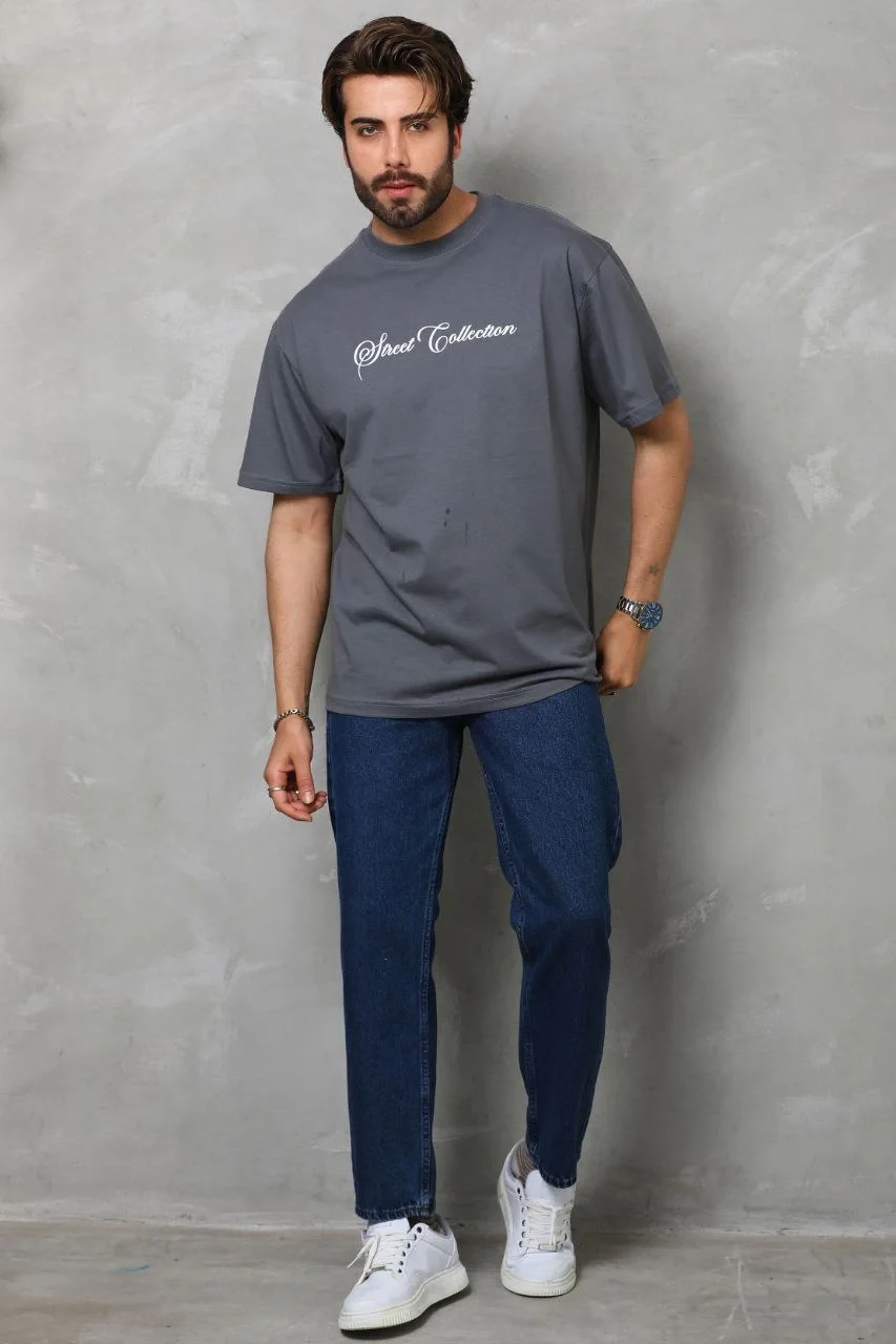 Unisex Bisiklet Yaka Baskılı Oversize T-Shirt - Füme - Görsel 5