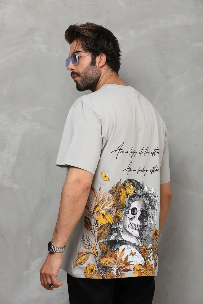 Unisex Bisiklet Yaka Baskılı Oversize T-Shirt - Gri - Görsel 5