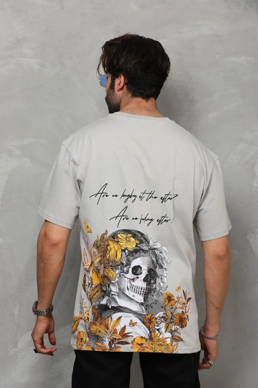 Unisex Bisiklet Yaka Baskılı Oversize T-Shirt - Gri - Görsel 7