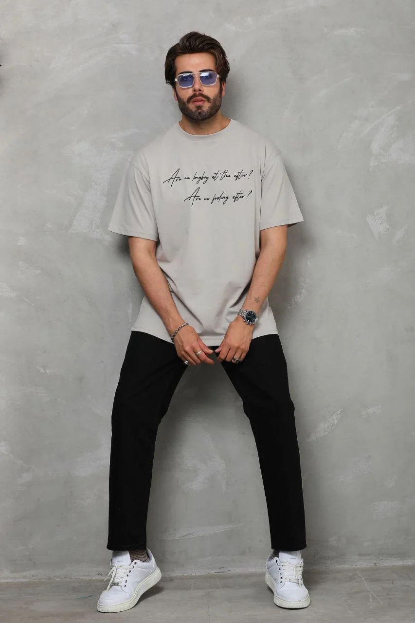 Unisex Bisiklet Yaka Baskılı Oversize T-Shirt - Gri - Görsel 3