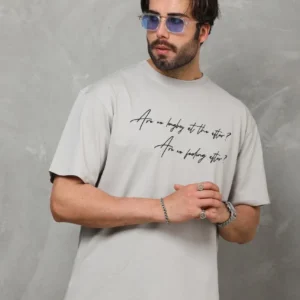 Alternative view of Unisex Bisiklet Yaka Baskılı Oversize T-Shirt - Gri