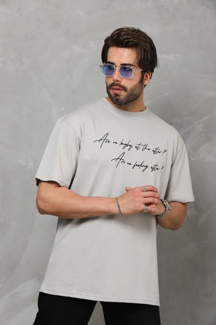 Unisex Bisiklet Yaka Baskılı Oversize T-Shirt - Gri - Görsel 2