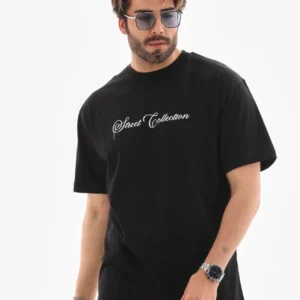 Unisex Bisiklet Yaka Baskılı Oversize T-Shirt - Siyah