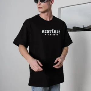 Unisex Bisiklet Yaka Baskılı Oversize T-Shirt - Siyah