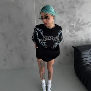 Alternative view of Unisex Bisiklet Yaka Baskılı Oversize T-Shirt - Siyah