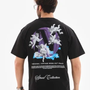 Alternative view of Unisex Bisiklet Yaka Baskılı Oversize T-Shirt - Siyah