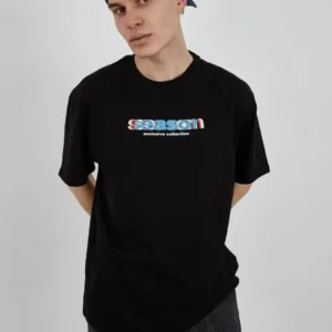 Unisex Bisiklet Yaka Baskılı Oversize T-Shirt - Siyah