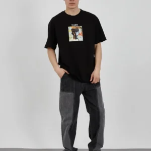 Unisex Bisiklet Yaka Baskılı Oversize T-Shirt - Siyah