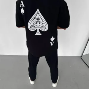 Alternative view of Unisex Bisiklet Yaka Baskılı Oversize T-Shirt - Siyah