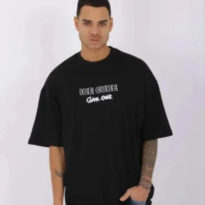 Unisex Bisiklet Yaka Baskılı Oversize T-Shirt - Siyah