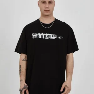 Unisex Bisiklet Yaka Baskılı Oversize T-Shirt - Siyah