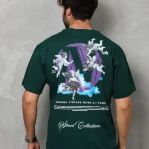 Alternative view of Unisex Bisiklet Yaka Baskılı Oversize T-Shirt - Yeşil