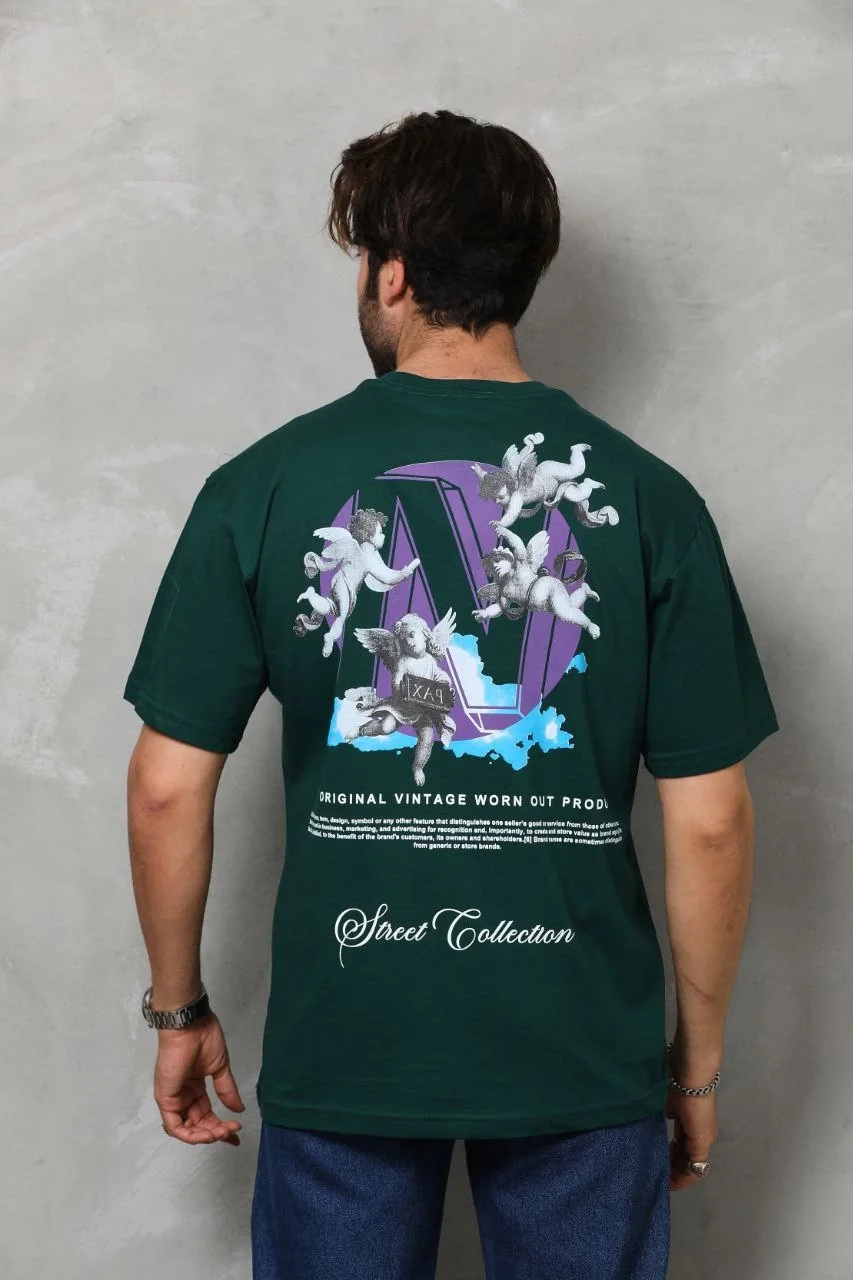 Unisex Bisiklet Yaka Baskılı Oversize T-Shirt - Yeşil - Görsel 2