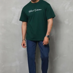 Unisex Bisiklet Yaka Baskılı Oversize T-Shirt - Yeşil