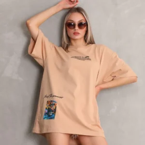 Alternative view of Unisex Bisiklet Yaka Baskılı Oversize T-Shirt - Bej
