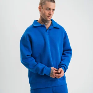 Alternative view of Erkek Patlı Yaka Üç İplik Pamuklu Sweatshirt Double Oversize Rahat Kalıp Günlük Kullanım - Mavi