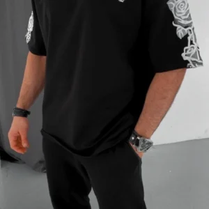 Unisex Flok Kabartma Baskılı T-Shirt - Siyah