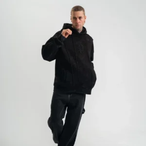 Alternative view of Unisex Uzun Kol Kapşonlu Yıkamalı Nakışlı SweatShirt - Siyah