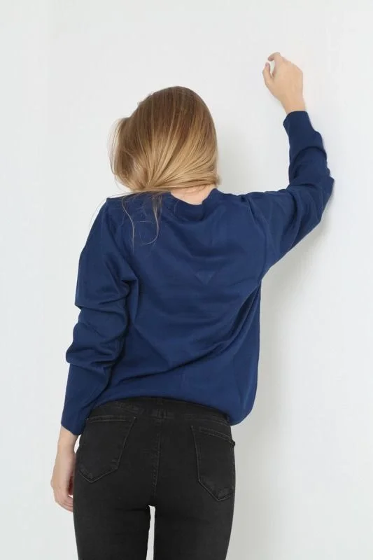 Unisex Uzun Kol V Yaka Triko Kazak - Indigo - Görsel 4