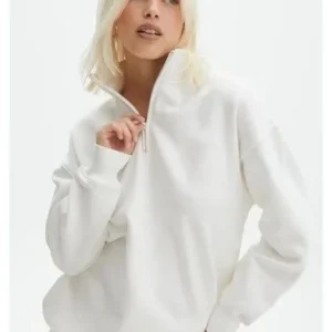 Unisex Uzun Kol Yarım Farmuarlı Yakalı Basic SweatShirt - Beyaz